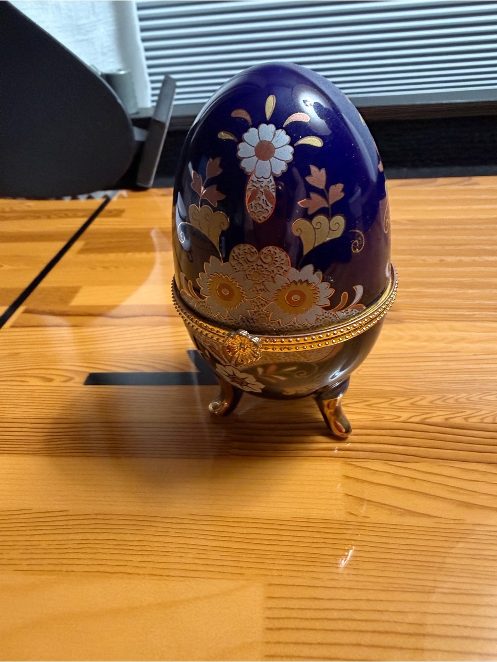 Decorative Egg Trinket Box - Cobalt Blue with Gold Floral Detailing